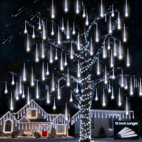 Aluan Meteor Shower Lights Outdoor 16 Inch 360 LED Christmas Lights White by Aluan