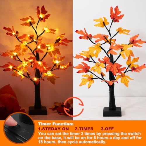 Fall Decor 2 Pack 24 Inch Maple Tree Lights - 48 LED Autumn Decorations with Pumpkins & Acorns, Timer, USB & Battery Powered - Thanksgiving Decorations for Home Table Indoor Fireplace - Image 2