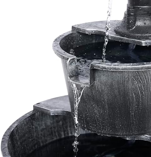Alpine Corporation 27" Tall Rustic Outdoor 2-Tier Barrel Pump Water Fountain with Soothing Cascading Water Flow for Patio, Yard, Porch, or Landscape, Gray - Image 4