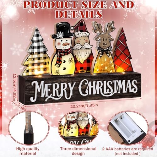 Chunful Light up Christmas Table Decor Buffalo Plaid Christmas Wooden Sign - Image 3