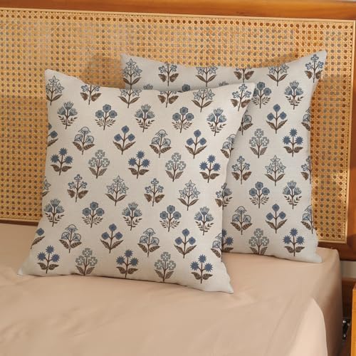 Blue Brown Pillow Covers 16x16 Inch 2 Pcs Block Print Vintage Floral Decor Throw Pillows Boho Flower Spring Summer Outdoor Seasonal Decoration Pillowcase Linen Cushion Cover for Couch Sofa - Image 2