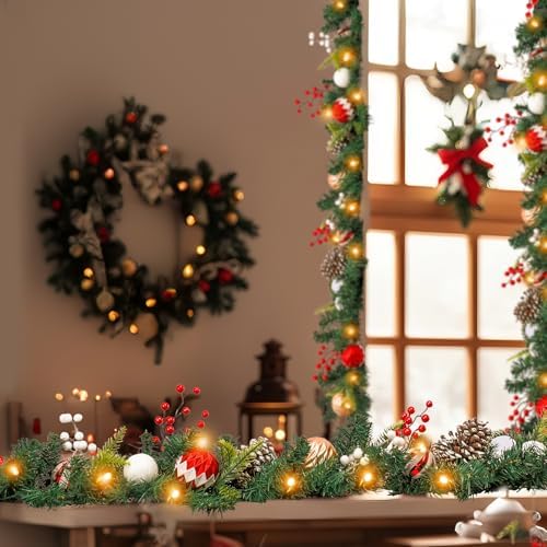 MUMTOP Christmas Garlands Decoration, 6 FT Battery Operated Christmas Garland with LED Light and Pine Cones Red Berries Candy Christmas Ball for Front Door Fireplace Mantel Table Window Home Decor - Image 5