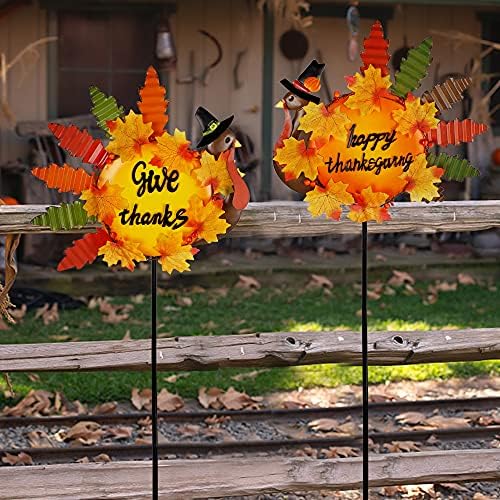 Juegoal Set of 2 Turkey Garden Stakes Thanksgiving Decor, 36 Inch Metal Fall Turkeys Yard Stakes, Give Thanks & Happy Thanksgiving Yard Signs Ornaments for Outdoor Lawn Pathway Patio - Image 5