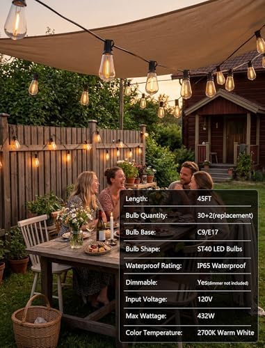 GOOTHY LED Outdoor String Lights 45Ft Patio Lights with 32 Shatterproof ST40 Vintage Edison Bulbs (2 Spare), Hanging Outdoor Light UL Listed for Porch Garden Backyard Balcony Decor - Image 4