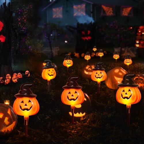 6 Pack Solar Jack O Lantern Stake String Lights - Orange Halloween Pathway Decor for Outdoor Halloween Yard Display - Image 2