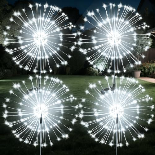 JJGoo Solar Firework Lights, 4 Pack 120 LEDs 2 Lighting Modes Solar Garden Lights Outdoor Waterproof for Yard Patio Walkway Pathway Party Wedding Christmas Decorative - White by JJGoo