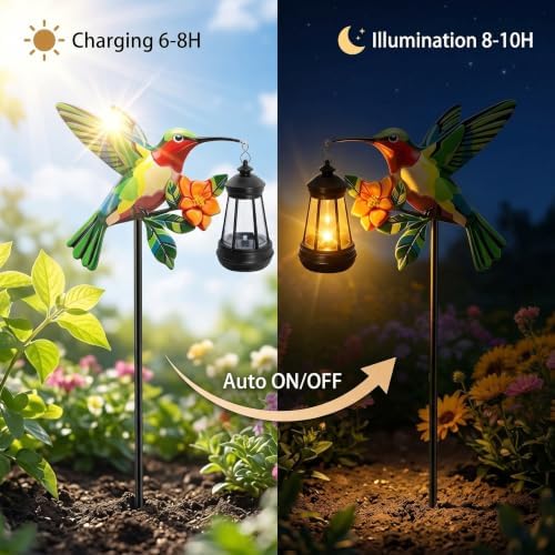 Hummingbird Solar Stake Lights Outdoor Waterproof, 4 Pack Metal Garden Statues with Hanging Lanterns, Path Light Yard Art Decor, Birthday Gifts for Women Mom, Patio Backyard Lawn Ornaments - Image 3