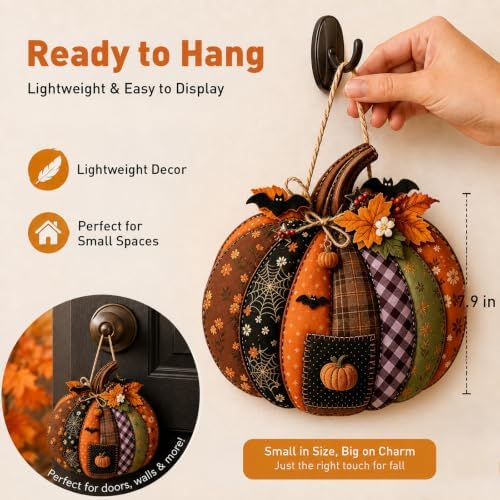Autumn Retro Patchwork Pumpkin Door Hanging with Lights，E - Image 3
