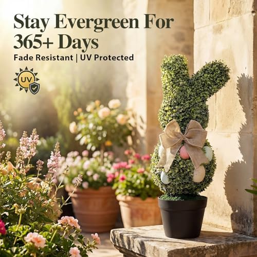 PATIO CHOICE Bunny Topiary Set of 2 UV-Resistant Faux Topiary with Pot Easter Bunny Shaped Decorations for Home Front Porch Outside Garden Decor Indoor - Image 4