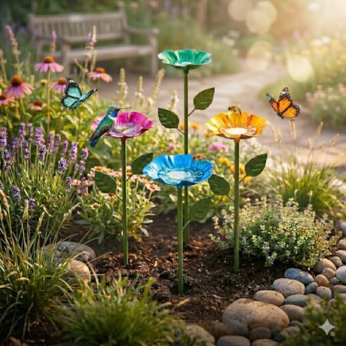 4 Pack Bee Watering Station for Garden, Colorful Metal Flower Bee Bath, Decorative Design Attracts Bees & Butterflies, Easy Install Durable Outdoor Yard Decor by DIANlOVS