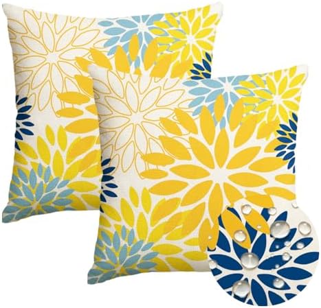 AVOIN colorlife Dahlia Flowers Yellow and Blue Waterproof Outdoor Throw Pillow Covers, 18 x 18 Inch Outdoor Summer Cushion Case Decoration for Patio Garden Porch Set of 2 by AVOINcolorlife