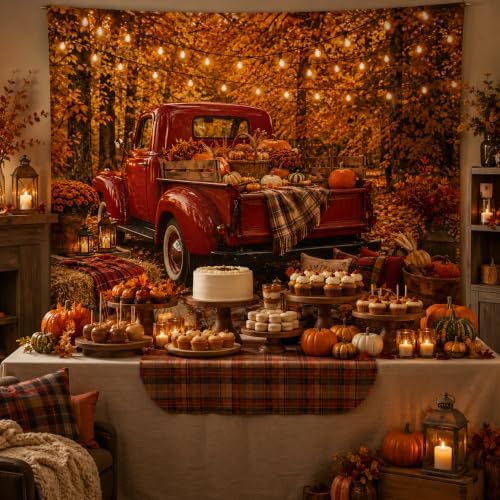 Fall Thanksgiving Garage Door Decoration 8x7Ft Vintage Red Truck Pumpkin Maple Leaf Background Banner Autumn Harvest Thanksgiving Garage Door Decorations for Home Outdoor Party Decor - Image 4