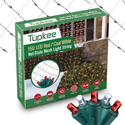 Christmas Light Net – 150 LED Red & White Mesh Lights - 4 ft x 6 ft – Outdoor/Indoor – Net Lights for Bushes, Hedges or Trees by Tupkee