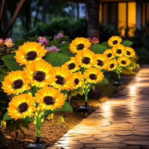 VOOKRY Solar Lights Outdoor, 4 Pack with 24 Sunflower Lights, Waterproof Solar Flowers Garden Decor, Birthday Gifts for Mom Women Grandma, Sunflowers Yard Decoration for Lawn Backyard Patio Flowerbed - Image 6