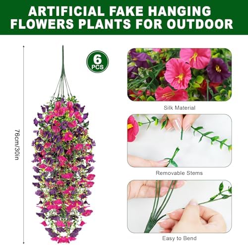 6 Pack Purple Fuchsia Artificial Hanging Flowers, Fake Purple Fuchsia Morning Glory Vines Hanging Flowers UV Resistant Artificial Flowers for Outdoors Porch Patio Balcony Indoor Home Decor - Image 2