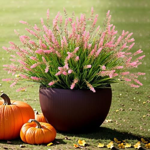 Ammyoo Artificial Plants Fake Monkey Grass for Outdoor Porch Decorations | 12 Pcs Faux Plants for Garden Planters, UV Resistant Fake Flowers Shrubs No Fade Greenery Bush for Outside Yard(Pink) - Image 2