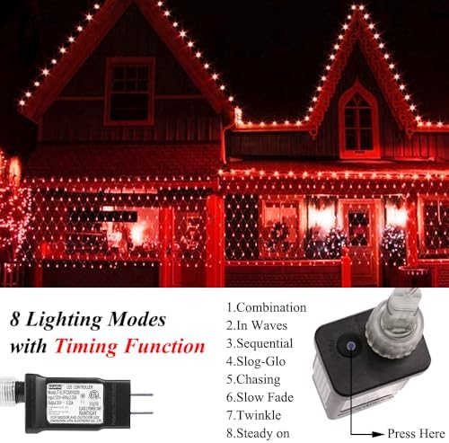 Net Light Outdoor Mesh Christmas Decorations, 100LED String Light Plug in Connectable Tree Warp Hanging 5ft x 5ft for Halloween, Shrubs, Lawn, Backyard, Walkway, Bushes, Garden Decor-Red - Image 3