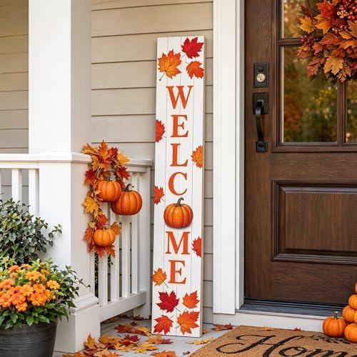 Fall Welcome Porch Sig 47" Tall Vertical Wooden Sign with Pumpkin Maple Leaves Farmhouse Rustic Autumn Thanksgiving Harvest Decoration Standing Hanging for Front Porch Indoor Outdoor by Unknown