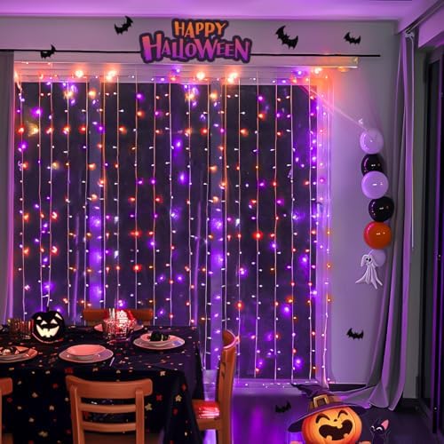 JMEXSUSS 300LED Halloween Curtain Lights, Orange and Purple, 9.8x9.8ft - Image 2