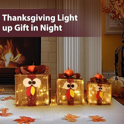 [Timer & 8 Modes]３Pack Thanksgiving Decorations Turkey Lighted Gift Boxes with 3D Pumpkin 60 LED Lights Glitter Tinsel Battery Operated Thanksgiving Outdoor Light Up Present Boxes for Home Yard Decor - Image 6