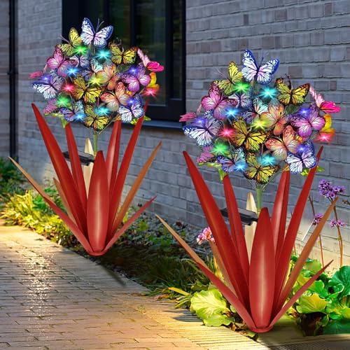 Homight Solar Metal Agave Butterfly Flower Stick Garden Sculpture - Outdoor Christmas Lights, Swaying Solar Lights Gift (2 PCS RED) by HomightCentennial