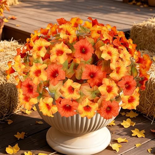 Artificial Fall Flowers for Outdoors, Faux Petunias Autumn Decoration, Fake Flowers Plants UV Resistant Look Real Silk Flowers for Outside Planter Front Door Porch Patio Yard (6, Orange-Yellow) by ArtistryThatNeverWithers