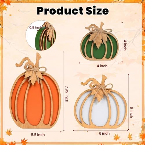 OLANRUN Fall Decorations for Home, 3-Piece Farmhouse Wooden Pumpkin Fall Decor, Handmade Crafts, Autumn Thanksgiving Decorations for Table, Tiered Tray, Mantel, Shelf, Office (4-8 Inch) - Image 2