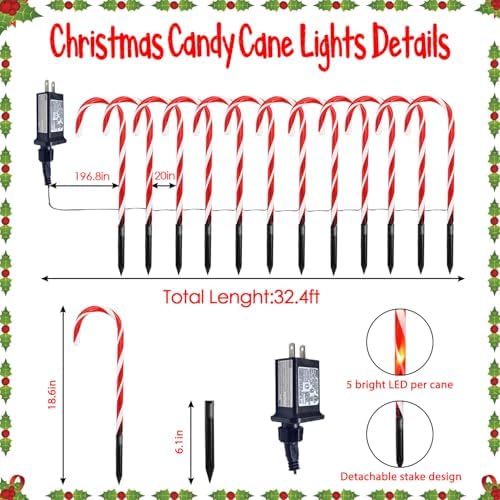 24 Pack Christmas Candy Cane Lights, Christmas Decorations Outdoor Waterproof with 8 Lighting Modes & Memory Function, Plug in Pathway Light for Outside Path Walkway Party Garden Yard Patio Xmas Decor - Image 2