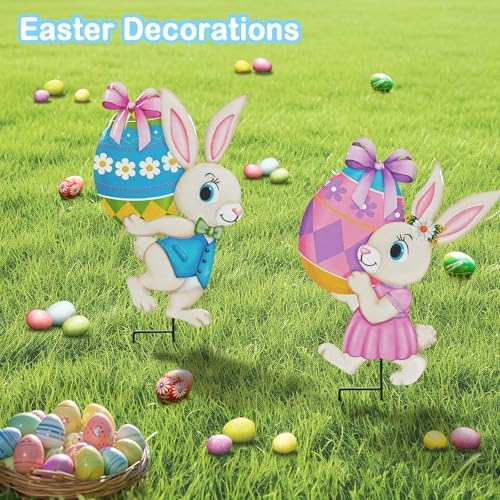 Easter Decorations Outdoor,2 Pack Metal Easter Egg Bunny Yard Signs for Outside,Cute Bunny Garden Stakes for Lawn,Yard,Rabbit Gifts for Women - Image 2