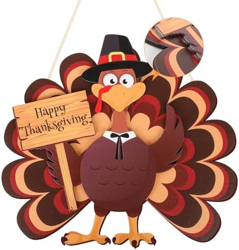 COCHIE Thanksgiving Decorations Turkey Wooden Wreath for Front Door, Give Thanks Signs Hanging Decoration, Fall Harvest Pumpkin Wall Windows Outdoor Outside Porch Hanger Decor (Turkey B) by COCHIE