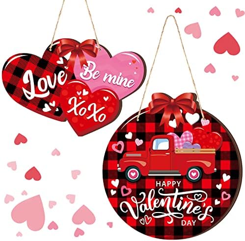 2 Pieces Valentines Day Door Sign Wooden Happy Valentines Day Sign Hanging Valentines Day Truck Decor Heart Shaped Valentines Door Hanger Buffalo Plaid Wooden Wall Decoration for Outdoor Front Door by Glenmal