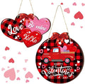 2 Pieces Valentines Day Door Sign Wooden Happy Valentines Day Sign Hanging Valentines Day Truck Decor Heart Shaped Valentines Door Hanger Buffalo Plaid Wooden Wall Decoration for Outdoor Front Door by Glenmal