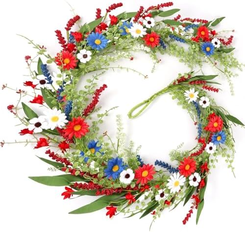 6.56 Ft 4th of July Flower Garland Wreath Patriotic Red Blue White Daisy Vine Garland Artificial Wild Floral Garland for Independence Day Arch Porch Stair Table Indoor Door Home All Year by Unknown