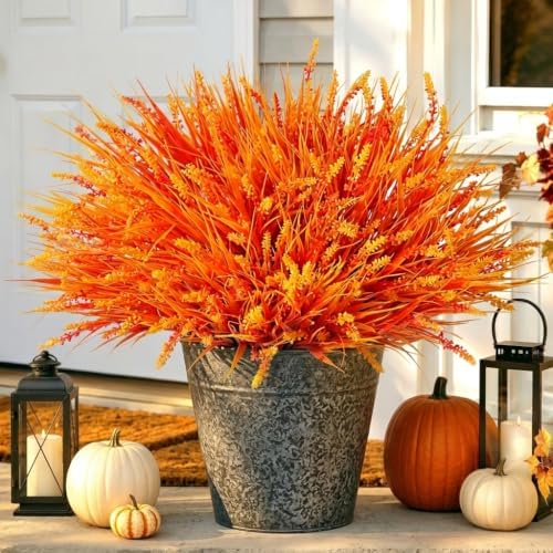 Artificial Fall Fake Outdoor Plants Flowers for Autumn Decoration,10 Bundles Faux Plastic Tall Monkey Grass Greenery UV Resistant Realistic for Home Outside Planter Window Porch Patio Garden (Orange) by HyeFloraartificialflowers