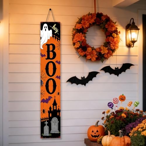 Hey Boo Halloween Ghost Porch Sign 47 Inch Rustic Vertical Welcome Sign Farmhouse Wooden Front Door Standing Decor with Bat Spider Graveyard Castle for Outdoor Indoor Halloween Decor - Image 6