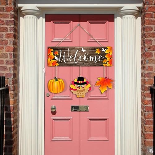 Thanksgiving Door Sign,Thanksgiving Turkey Hanger for Front Door,Fall Turkey Pumpkin Welcome Hanging Decorations, Thanksgiving Day Autumn Wooden Wreath Wood Plaque for Fall Harvest Party Decor - Image 4
