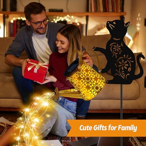 Solar Lights Outdoor, 2 Pack Black Cat Solar Watering Can Lights, Birthday Gifts for Women Mom Cat Lover Mother's Day Christmas, Waterproof Hanging Lantern Garden Decor Outside Patio Yard Pathway - Image 5