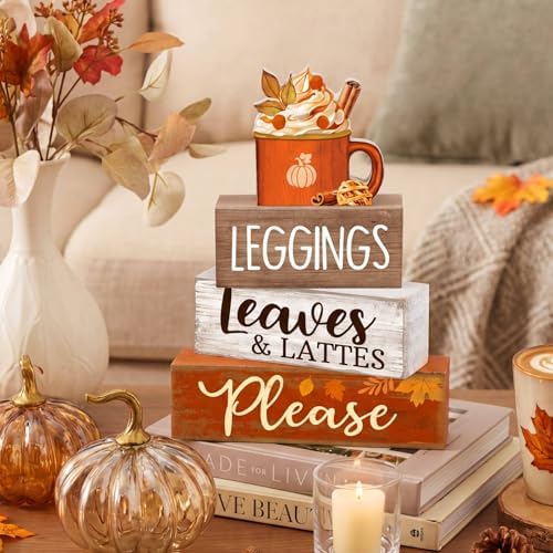 Lineshading 4 Pcs Fall Table Decor, Leaves Lattes Coffee Wooden Blocks Sign - Image 3
