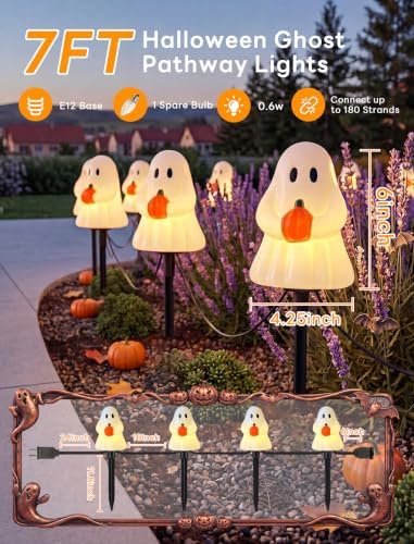 Oviejo Halloween Ghost Pathway Lights, 4 Pack 7 FT Plug in LED Stake Lights - Image 2