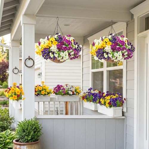 2 Set Artificial Outdoor Flowers with Hanging Baskets,24 Pcs UV Resistant Faux Petunias Flowers with Hanging Planter for Front Door Porch Spring Outside Decor (2, White,Yellow,Purple,RedViolet) - Image 6