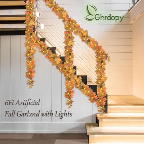 6 Ft Artificial Fall Garland with Lights - Autumn Maple Leaf f Thanksgiving Decor Hanging Vine Autumn Foliage Garland Used for Home Wedding Party Decor - Image 7