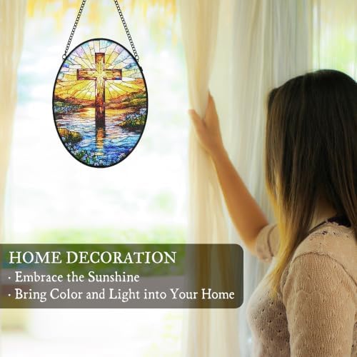 Cross Forget Me Not Stained Glass Window Hanging Suncatcher - Image 3