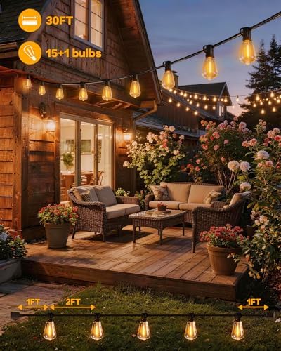 30FT Outdoor String Lights, ST38 LED Bulbs Waterproof Dimmable - Image 5