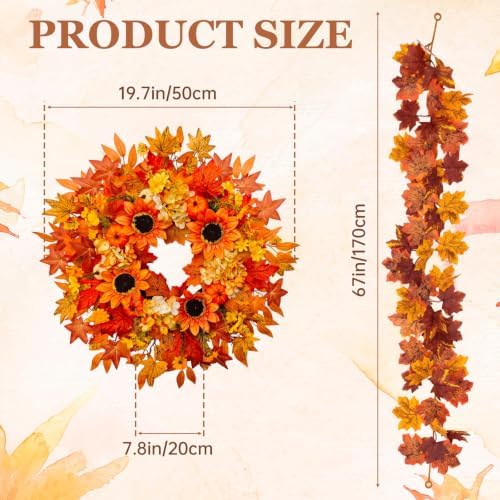 Fall Wreath & Garland with Pumpkins Sunflowers Maple Leaves Set, 26in - Image 2