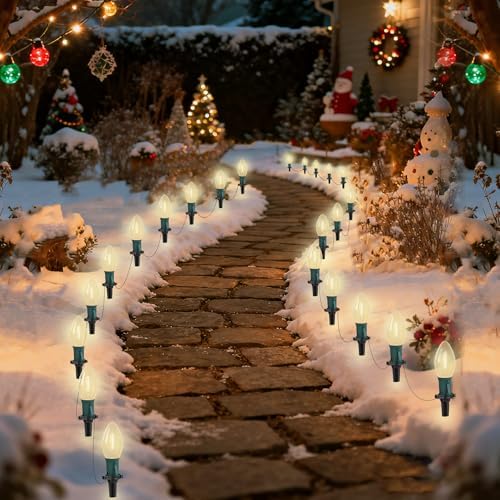 GOOTHY C9 Christmas Pathway Lights Outdoor 38Ft Connectable C9 LED Christmas String Lights with 25 LED Warm White Stakes Lights for Walkway Outdoor Yard Driveway Lawn Decorations by Goothy