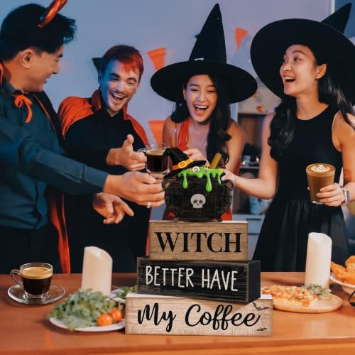 Lineshading 4 Pcs Halloween Coffee Table Decor Witch Cauldron Wooden Signs - Image 6