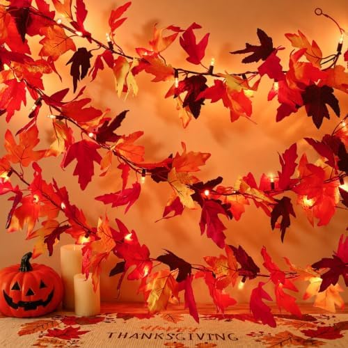 Timer-12Ft 50 LED Fall Garland with Lights,8 Modes Battery Operated Waterproof Fall Decorations Maple Leaf Lights for Mantle Fireplace Table Indoor Thanksgiving Decor by Ucutely