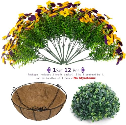 lovemoon 2 Set Artificial Outdoor Pansies Flowers with Hanging Baskets, 2 Hanging Planters with 24 Pcs Silk Pansy Flowers for Spring Easter Decorations Porch Patio Home Decor (2, Purple, Yellow) - Image 6