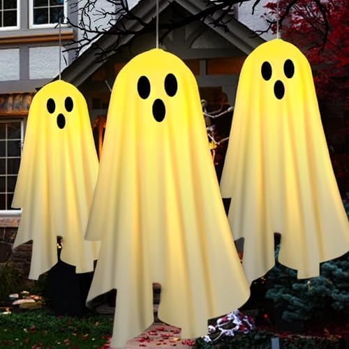 2PACKS Solar Hanging Ghost Lights for Halloween Decorations Outdoor,Light up Spooky Ghosts with Warm Yellow LED Lights,Halloween Floating Light for Yard,Porch,Creepy Party Decor by X-GiftKey