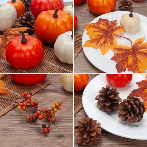 Pumpkin Decor Set, 22 PCS Fall Harvest Decorations - Orange Artificial Pumpkins, Pine Cones, Berries, Maple Leaves for Bowl Filler Tiered Tray Thanksgiving Halloween Baby Shower Wedding Wreath - Image 6